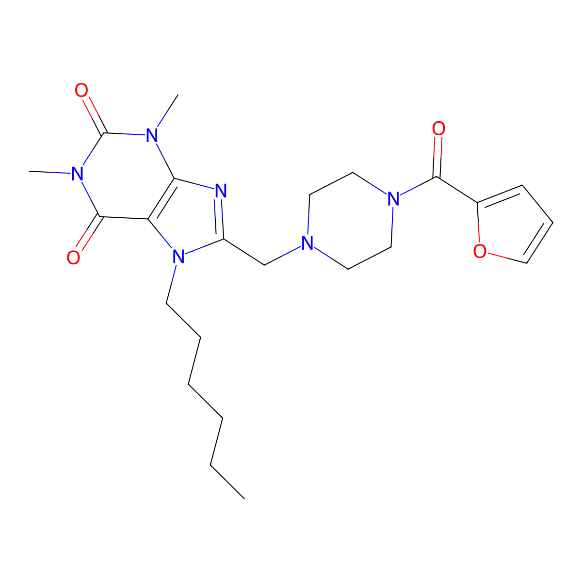 8-((4-(furan-2-carbonyl)piperazin-1-yl)methyl)-7-hexyl-1,3-dimethyl-1H-purine-2,6(3H,7H)-dione molecular structure, CAS 851942-16-0