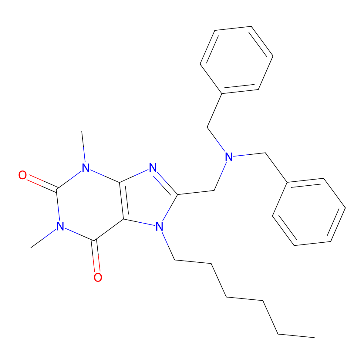 8-[(Dibenzylamino)methyl]-7-hexyl-1,3-dimethylpurine-2,6-dione molecular structure, CAS 851942-18-2