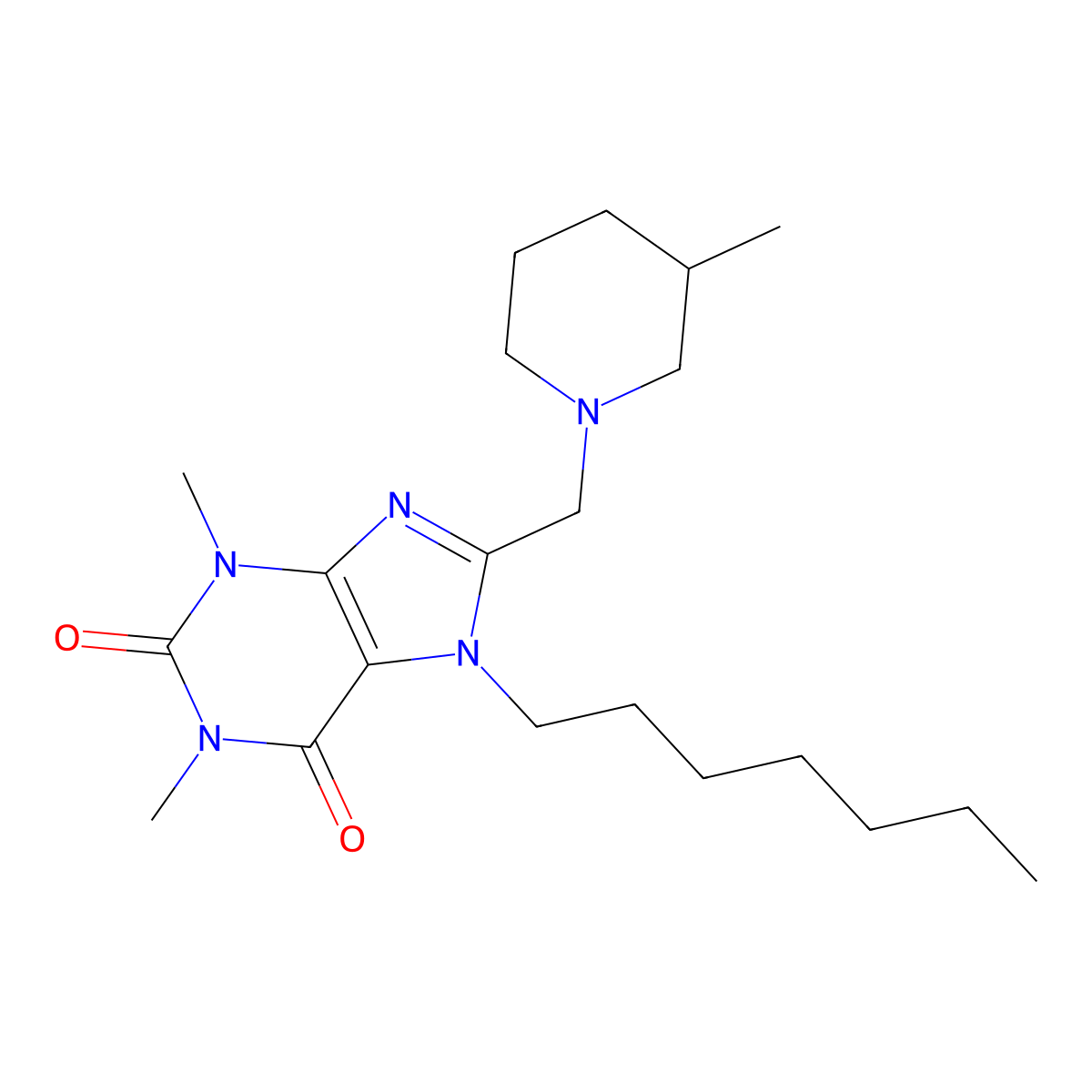 7-heptyl-1,3-dimethyl-8-[(3-methylpiperidin-1-yl)methyl]-2,3,6,7-tetrahydro-1H-purine-2,6-dione molecular structure, CAS 851942-20-6
