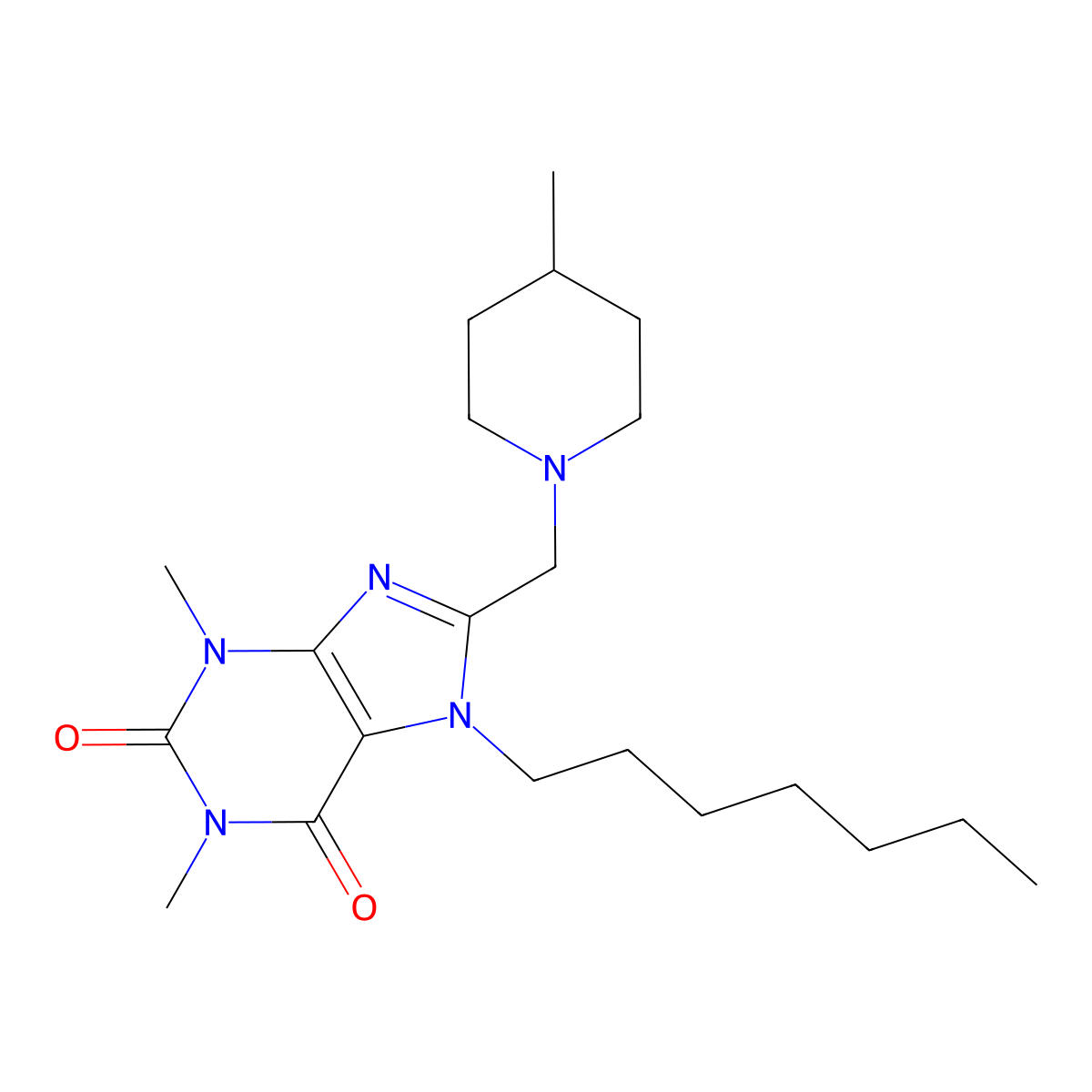 7-Heptyl-1,3-dimethyl-8-[(4-methylpiperidin-1-yl)methyl]purine-2,6-dione molecular structure, CAS 851942-21-7
