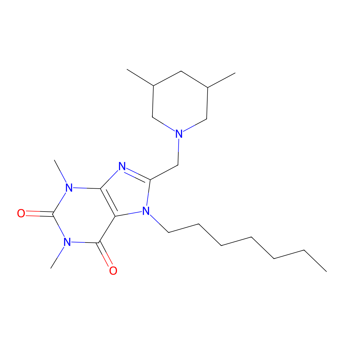 8-[(3,5-dimethylpiperidin-1-yl)methyl]-7-heptyl-1,3-dimethyl-2,3,6,7-tetrahydro-1H-purine-2,6-dione molecular structure, CAS 851942-23-9