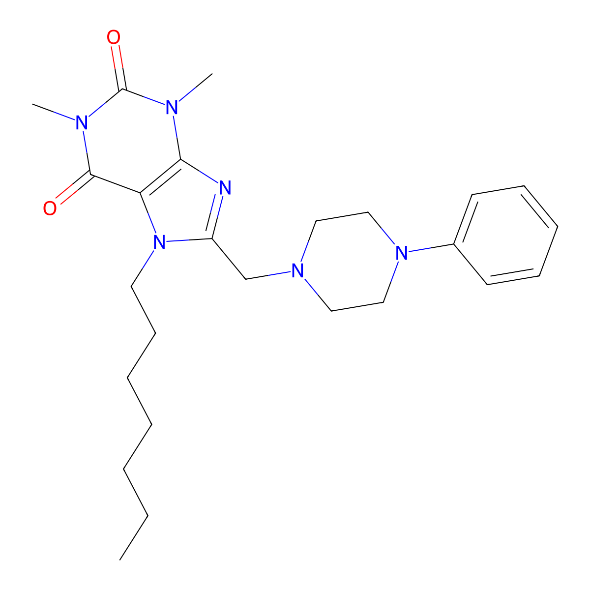 7-heptyl-1,3-dimethyl-8-((4-phenylpiperazin-1-yl)methyl)-1H-purine-2,6(3H,7H)-dione molecular structure, CAS 851942-27-3