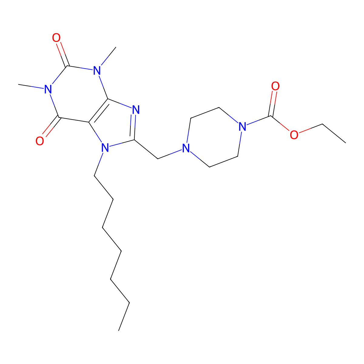 ethyl 4-[(7-heptyl-1,3-dimethyl-2,6-dioxo-2,3,6,7-tetrahydro-1H-purin-8-yl)methyl]piperazine-1-carboxylate molecular structure, CAS 851942-28-4