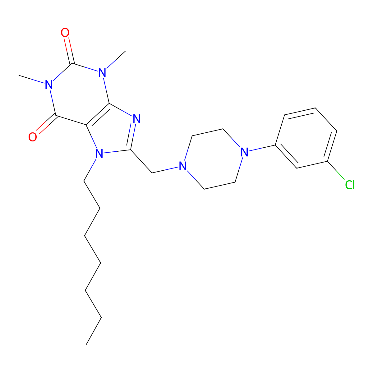 8-((4-(3-chlorophenyl)piperazin-1-yl)methyl)-7-heptyl-1,3-dimethyl-1H-purine-2,6(3H,7H)-dione molecular structure, CAS 851942-30-8