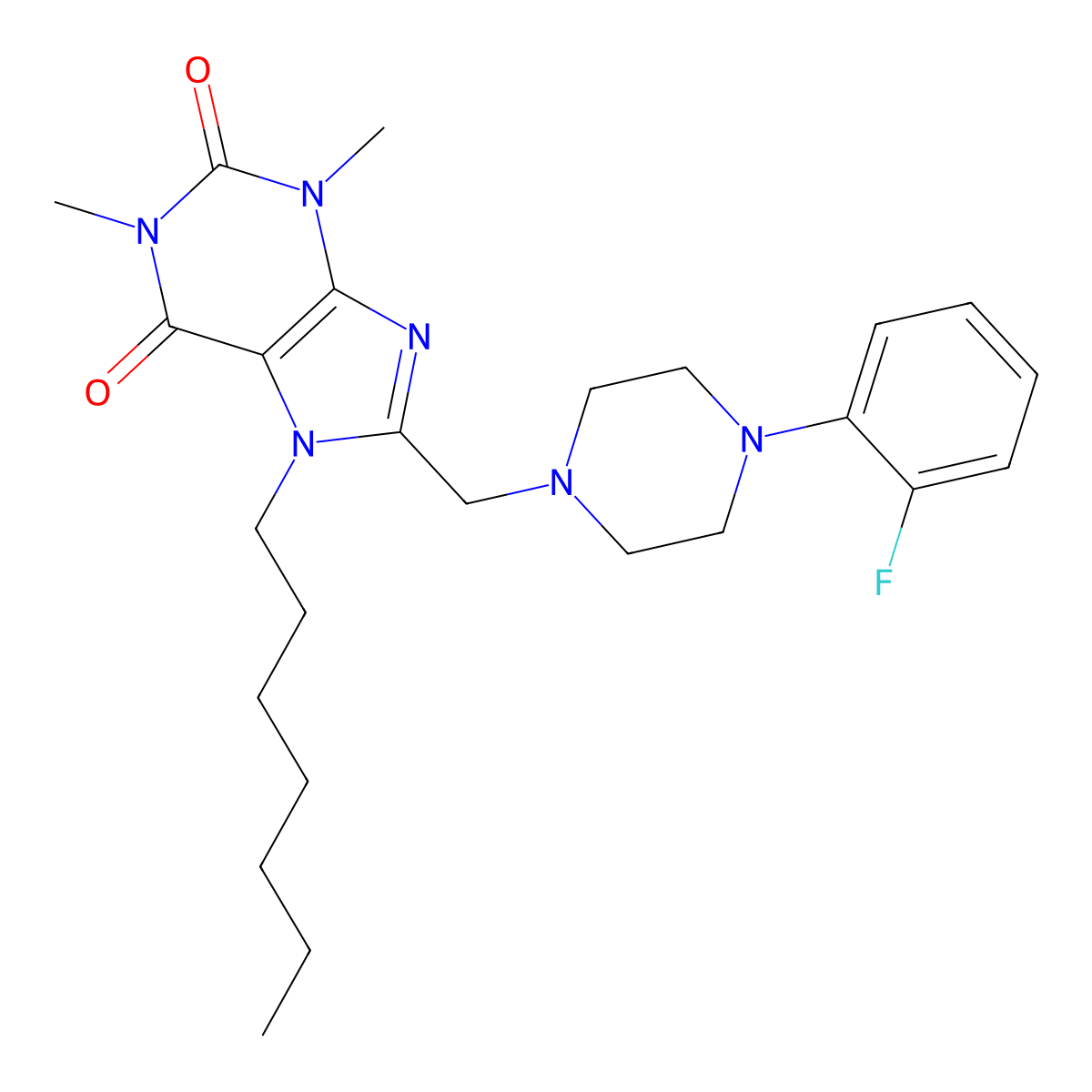 8-[[4-(2-Fluorophenyl)piperazin-1-yl]methyl]-7-heptyl-1,3-dimethylpurine-2,6-dione molecular structure, CAS 851942-31-9