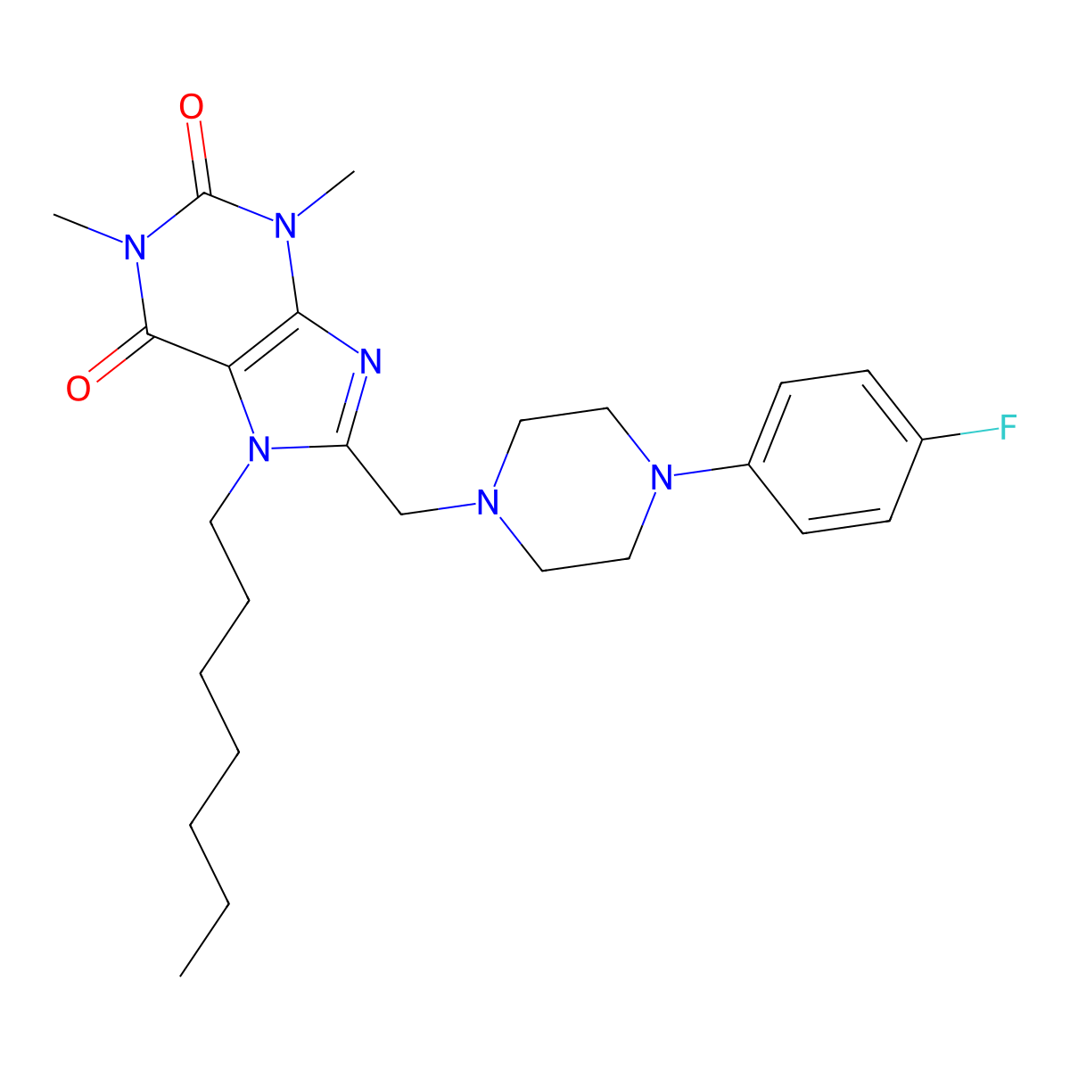 8-((4-(4-fluorophenyl)piperazin-1-yl)methyl)-7-heptyl-1,3-dimethyl-1H-purine-2,6(3H,7H)-dione molecular structure, CAS 851942-32-0