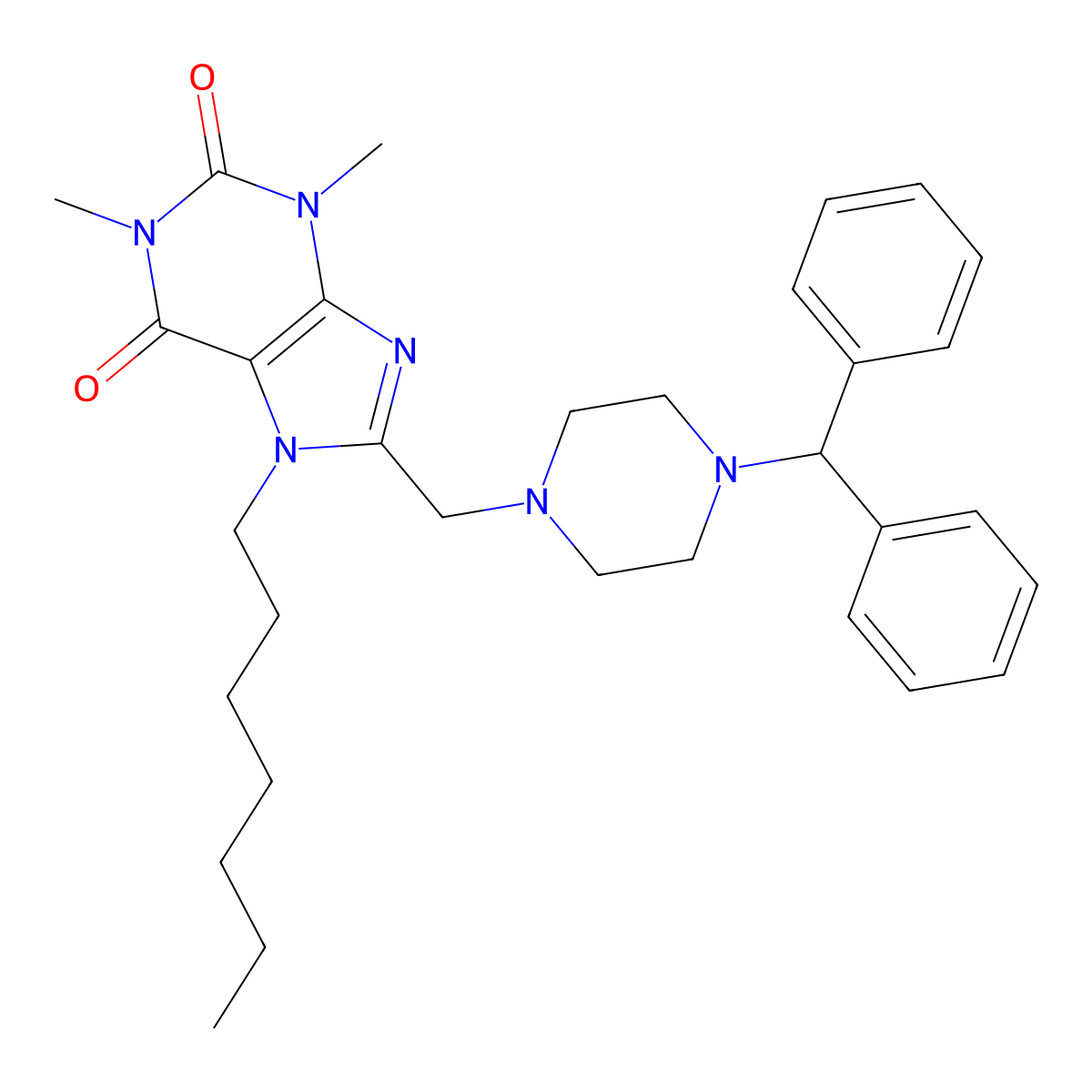 8-((4-benzhydrylpiperazin-1-yl)methyl)-7-heptyl-1,3-dimethyl-1H-purine-2,6(3H,7H)-dione molecular structure, CAS 851942-34-2