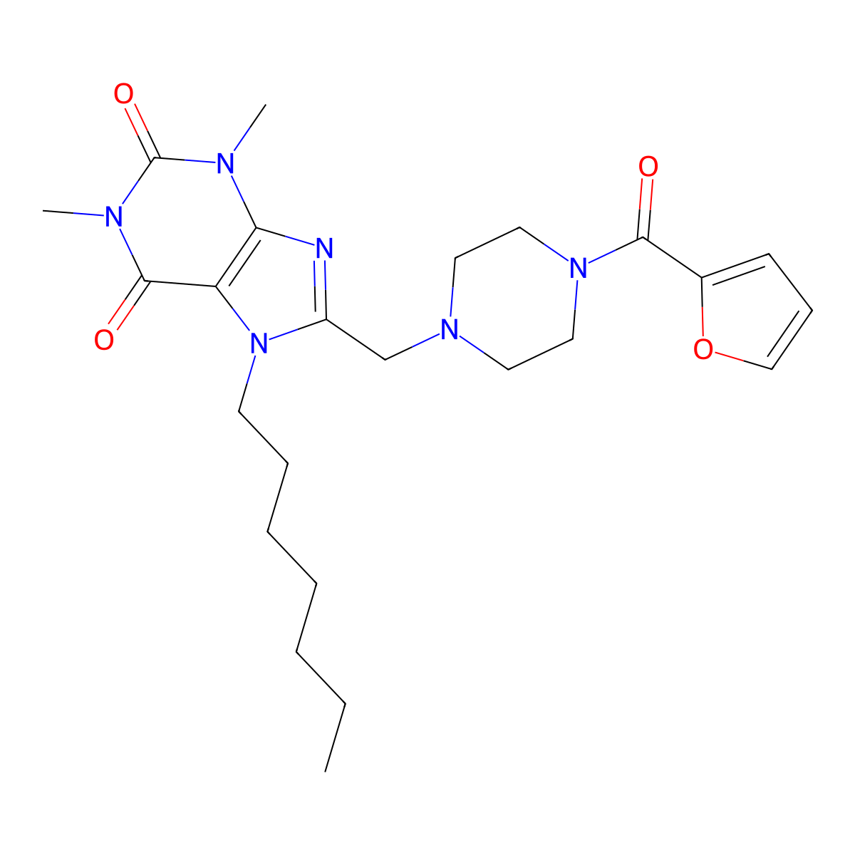 8-((4-(furan-2-carbonyl)piperazin-1-yl)methyl)-7-heptyl-1,3-dimethyl-1H-purine-2,6(3H,7H)-dione molecular structure, CAS 851942-35-3