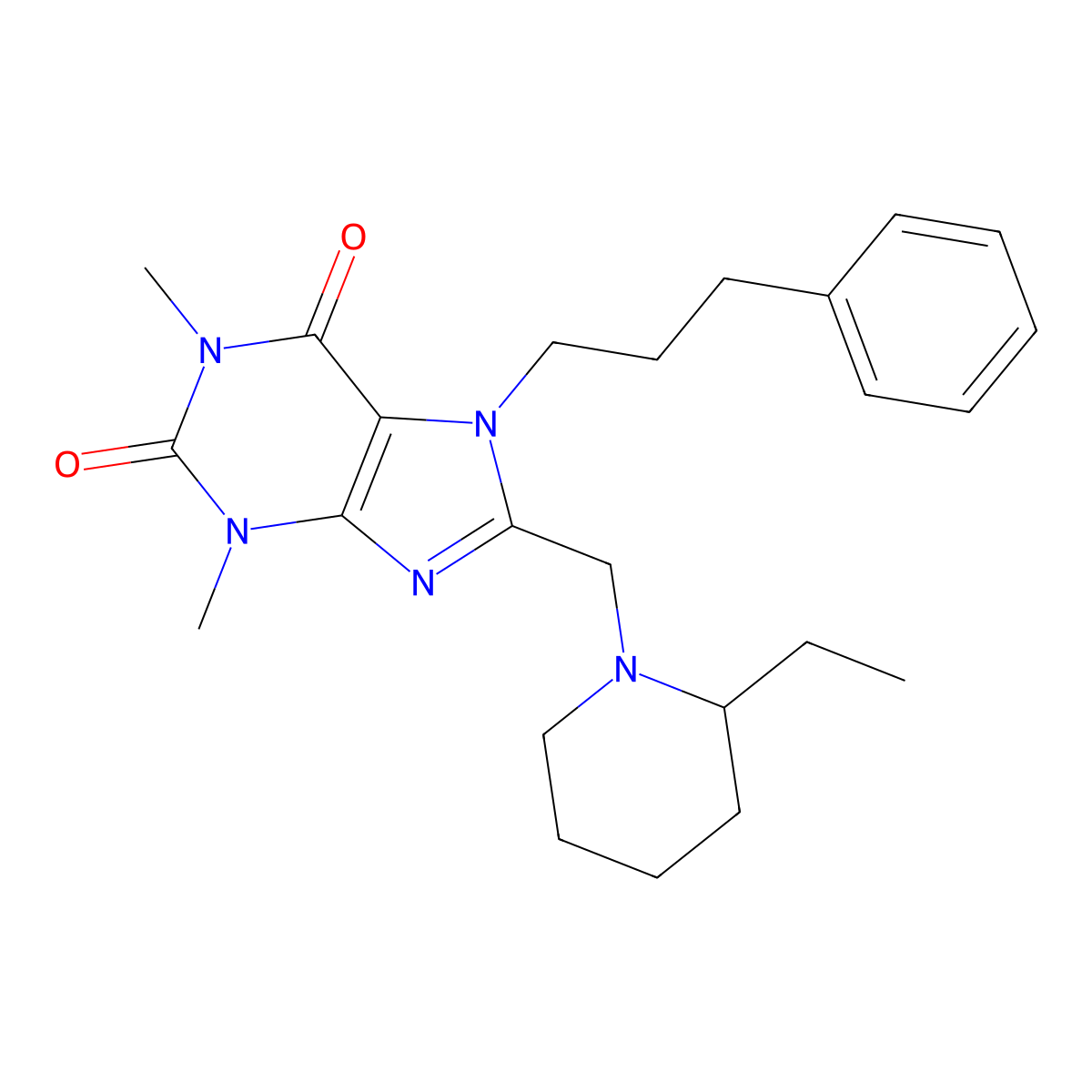 8-[(2-Ethylpiperidin-1-yl)methyl]-1,3-dimethyl-7-(3-phenylpropyl)purine-2,6-dione molecular structure, CAS 851942-40-0