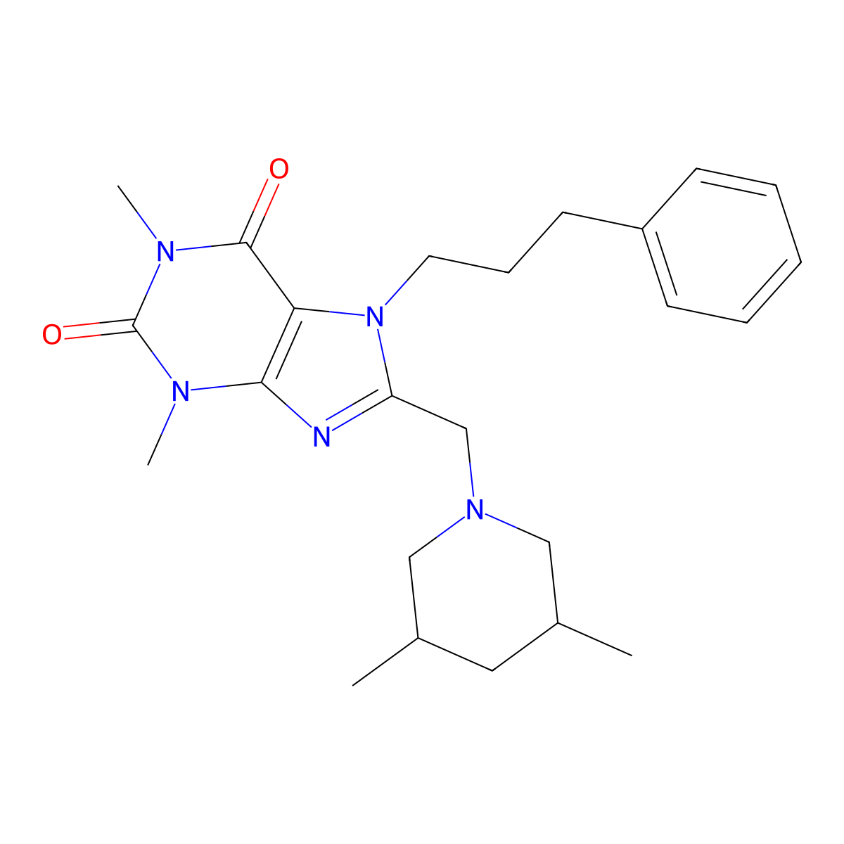 8-[(3,5-Dimethylpiperidin-1-yl)methyl]-1,3-dimethyl-7-(3-phenylpropyl)purine-2,6-dione molecular structure, CAS 851942-42-2