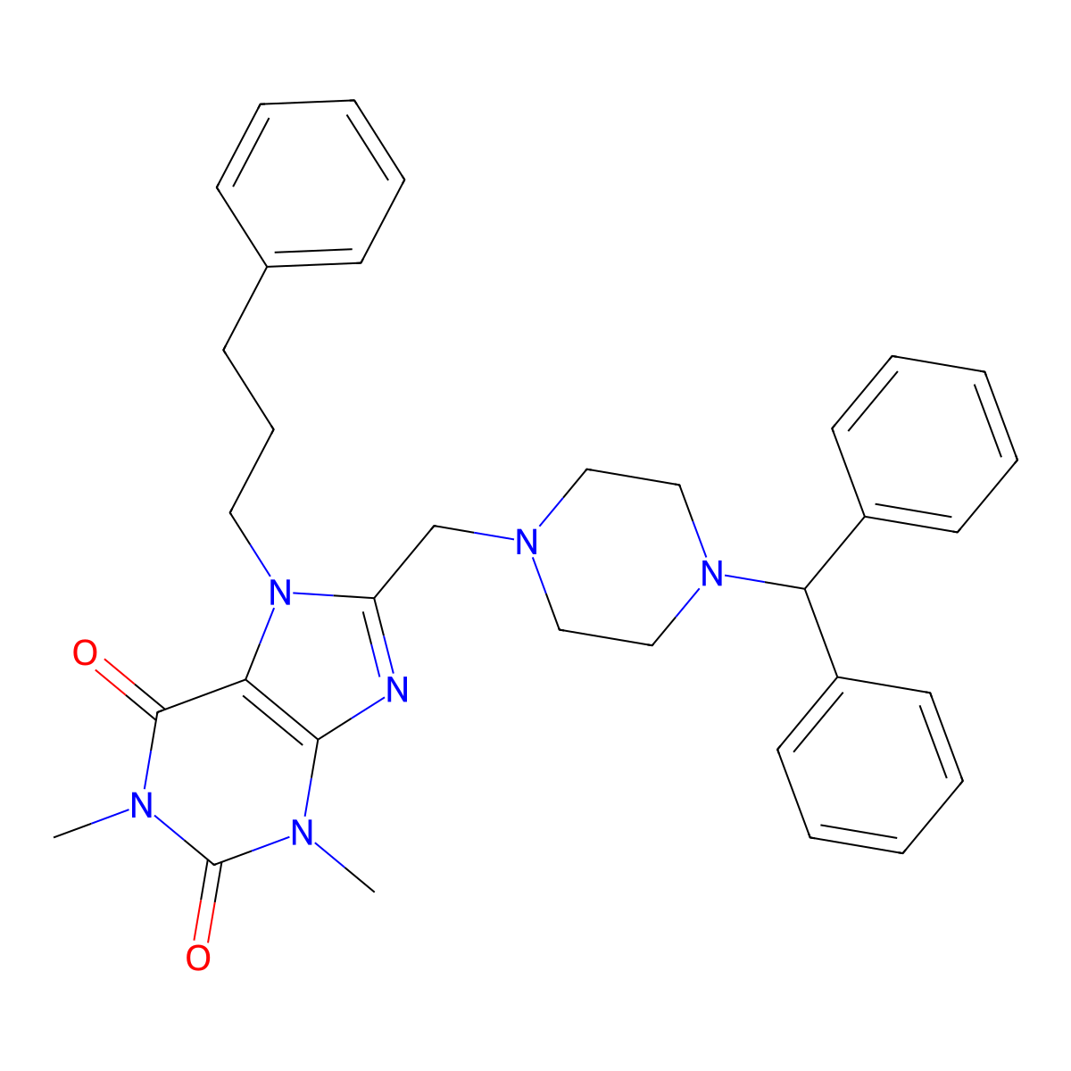 8-[(4-Benzhydrylpiperazin-1-yl)methyl]-1,3-dimethyl-7-(3-phenylpropyl)purine-2,6-dione molecular structure, CAS 851943-21-0