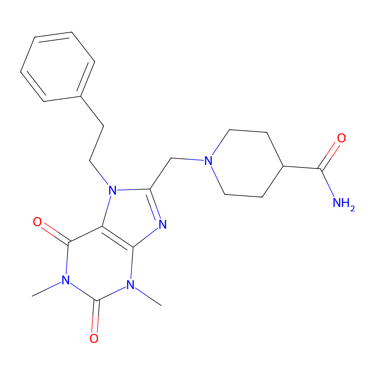 1-{[1,3-dimethyl-2,6-dioxo-7-(2-phenylethyl)-2,3,6,7-tetrahydro-1H-purin-8-yl]methyl}piperidine-4-carboxamide molecular structure, CAS 851943-27-6