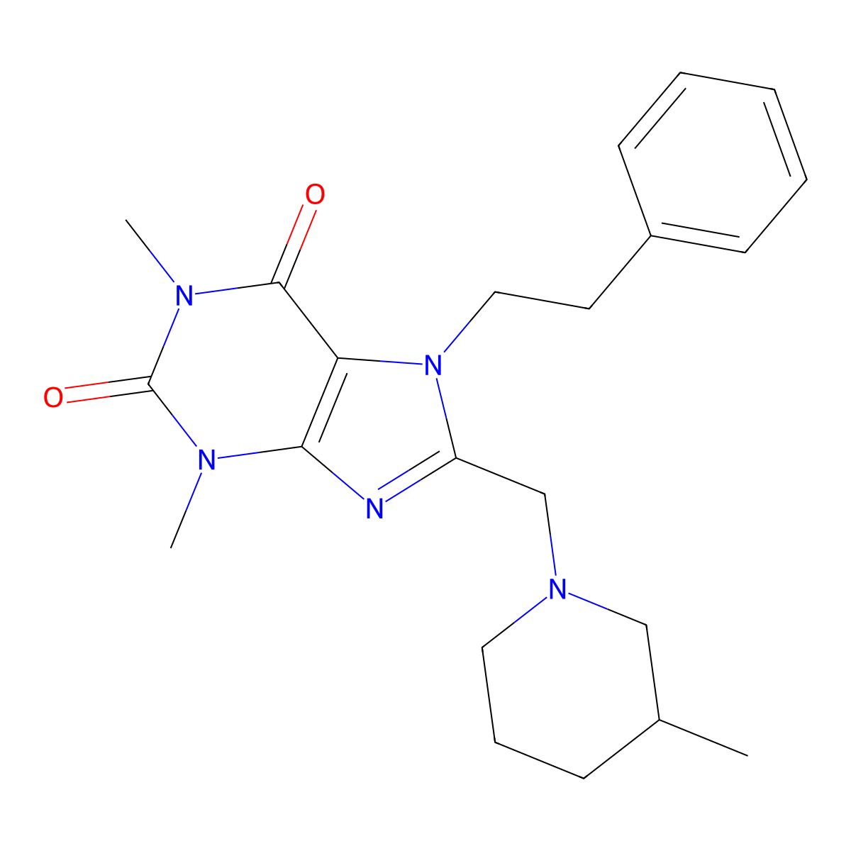 1,3-dimethyl-8-[(3-methylpiperidin-1-yl)methyl]-7-(2-phenylethyl)-3,7-dihydro-1H-purine-2,6-dione molecular structure, CAS 851943-30-1