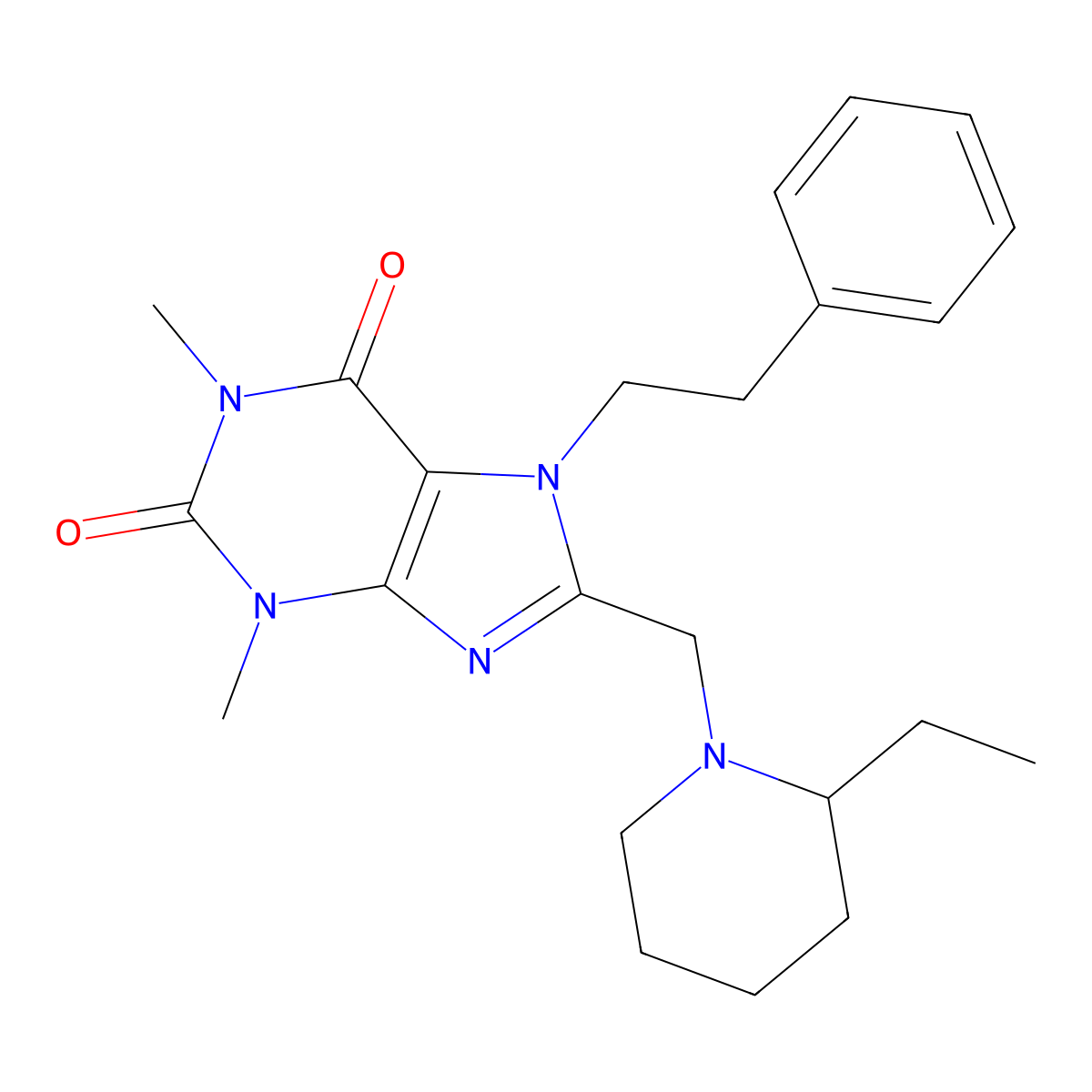 8-[(2-ethylpiperidin-1-yl)methyl]-1,3-dimethyl-7-(2-phenylethyl)-2,3,6,7-tetrahydro-1H-purine-2,6-dione molecular structure, CAS 851943-32-3