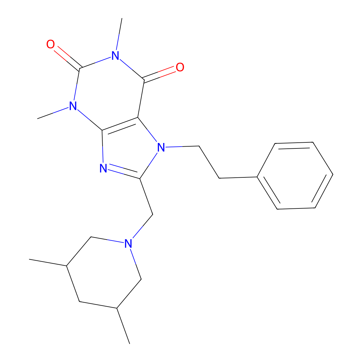 8-[(3,5-dimethylpiperidin-1-yl)methyl]-1,3-dimethyl-7-(2-phenylethyl)-3,7-dihydro-1H-purine-2,6-dione molecular structure, CAS 851943-34-5