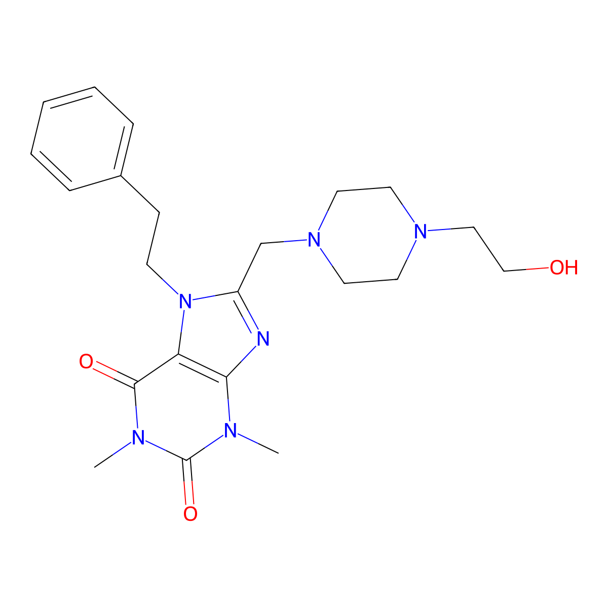 8-((4-(2-hydroxyethyl)piperazin-1-yl)methyl)-1,3-dimethyl-7-phenethyl-1H-purine-2,6(3H,7H)-dione molecular structure, CAS 851943-35-6