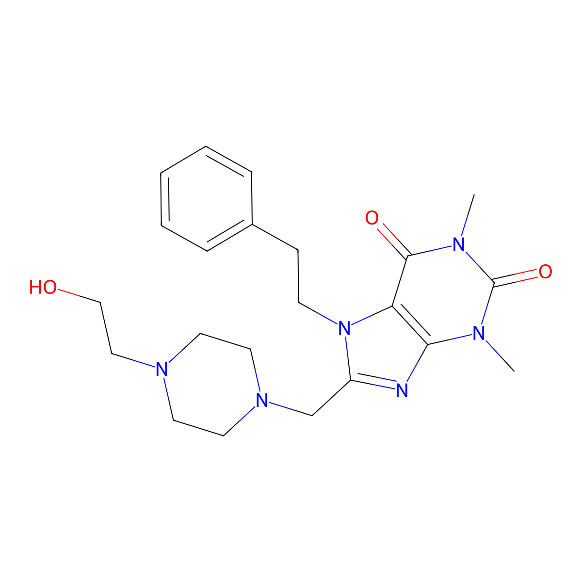 8-((4-(2-hydroxyethyl)piperazin-1-yl)methyl)-1,3-dimethyl-7-phenethyl-1H-purine-2,6(3H,7H)-dione molecular structure, CAS 851943-35-6