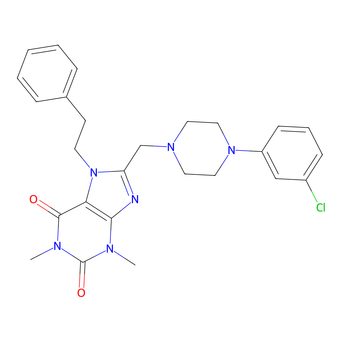 8-{[4-(3-chlorophenyl)piperazin-1-yl]methyl}-1,3-dimethyl-7-(2-phenylethyl)-3,7-dihydro-1H-purine-2,6-dione molecular structure, CAS 851943-36-7
