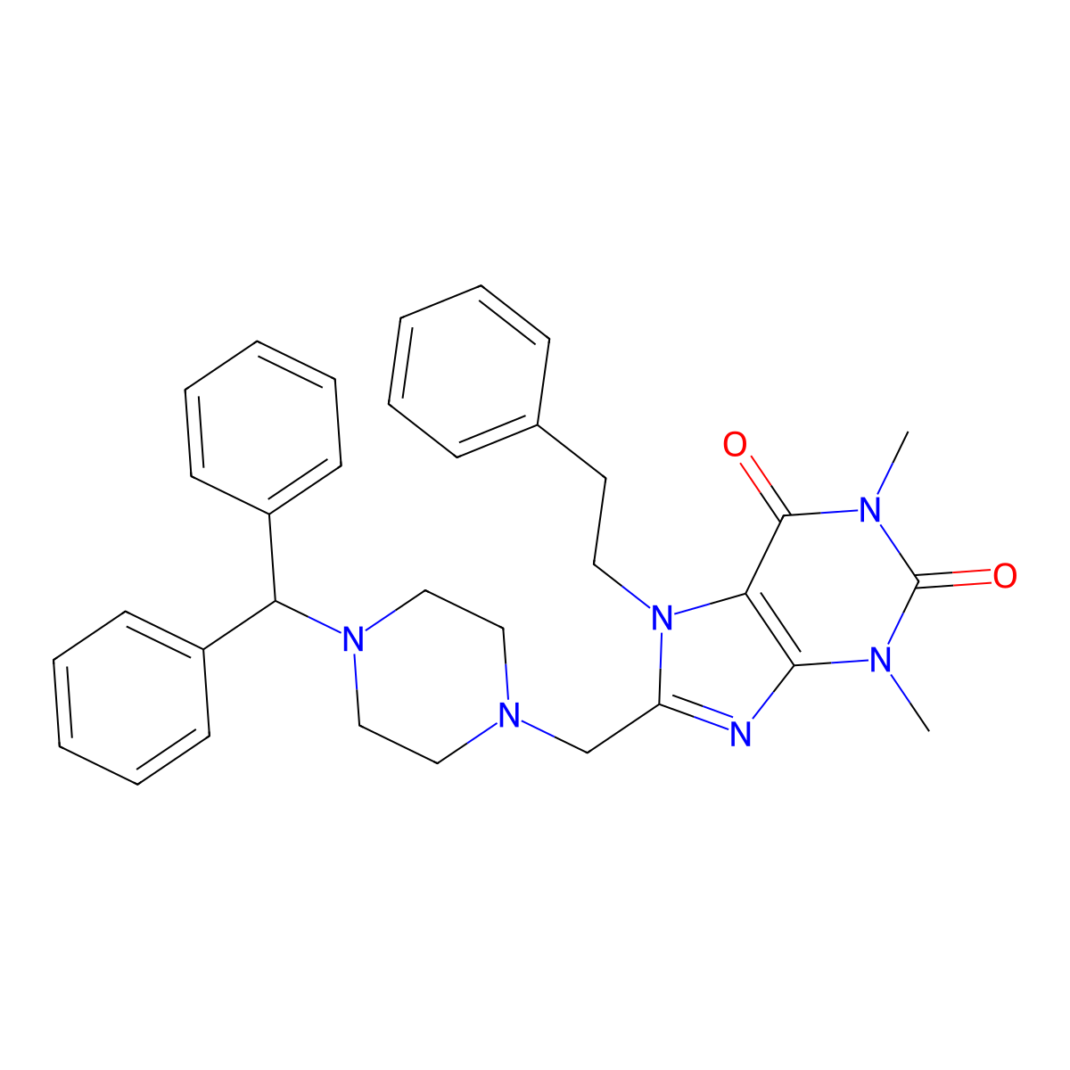 8-((4-benzhydrylpiperazin-1-yl)methyl)-1,3-dimethyl-7-phenethyl-1H-purine-2,6(3H,7H)-dione molecular structure, CAS 851943-40-3