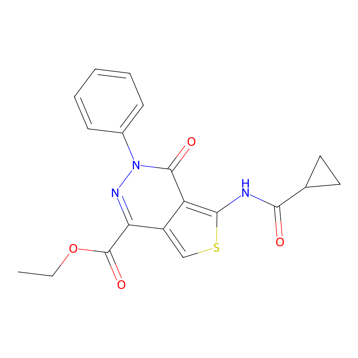 Ethyl 5-(cyclopropanecarboxamido)-4-oxo-3-phenyl-3,4-dihydrothieno[3,4-d]pyridazine-1-carboxylate molecular structure, CAS 851946-79-7