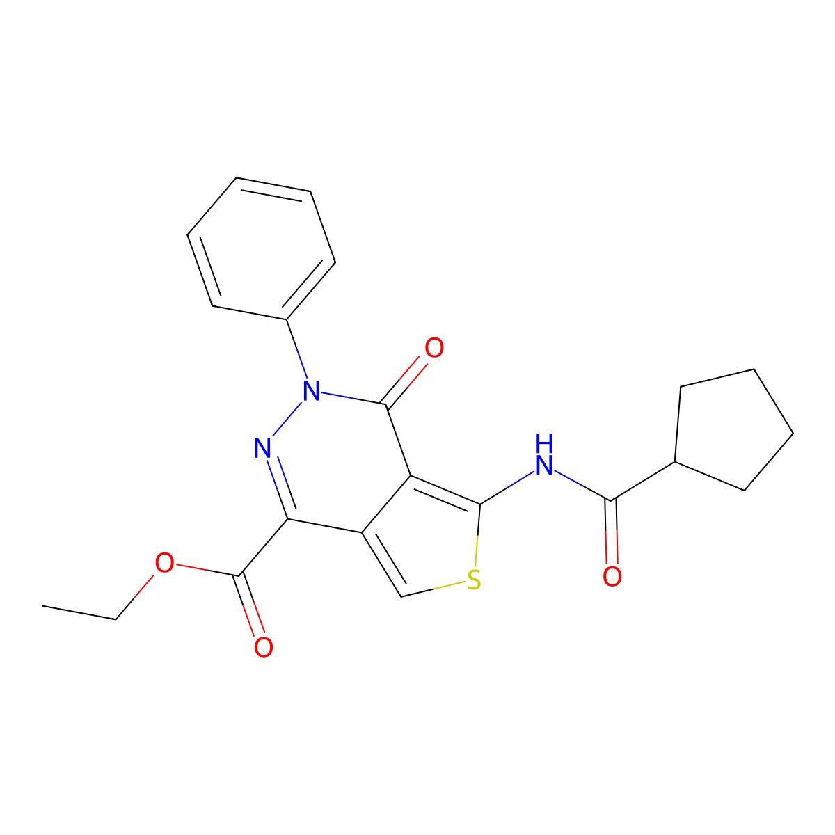 Ethyl 5-(cyclopentanecarbonylamino)-4-oxo-3-phenylthieno[3,4-d]pyridazine-1-carboxylate molecular structure, CAS 851946-80-0