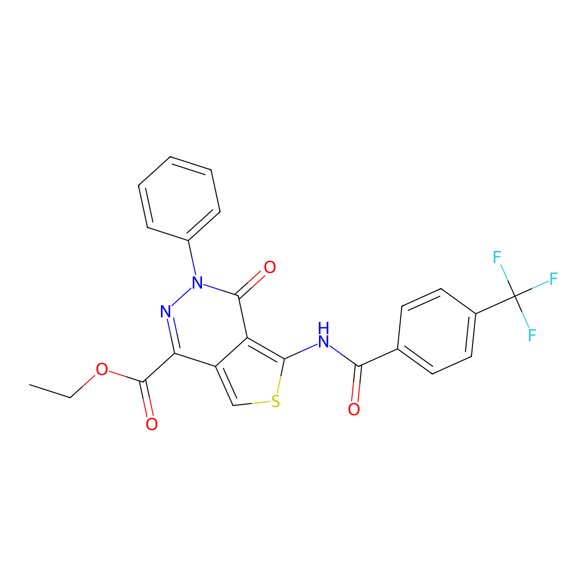 Ethyl 4-oxo-3-phenyl-5-(4-(trifluoromethyl)benzamido)-3,4-dihydrothieno[3,4-d]pyridazine-1-carboxylate molecular structure, CAS 851947-41-6