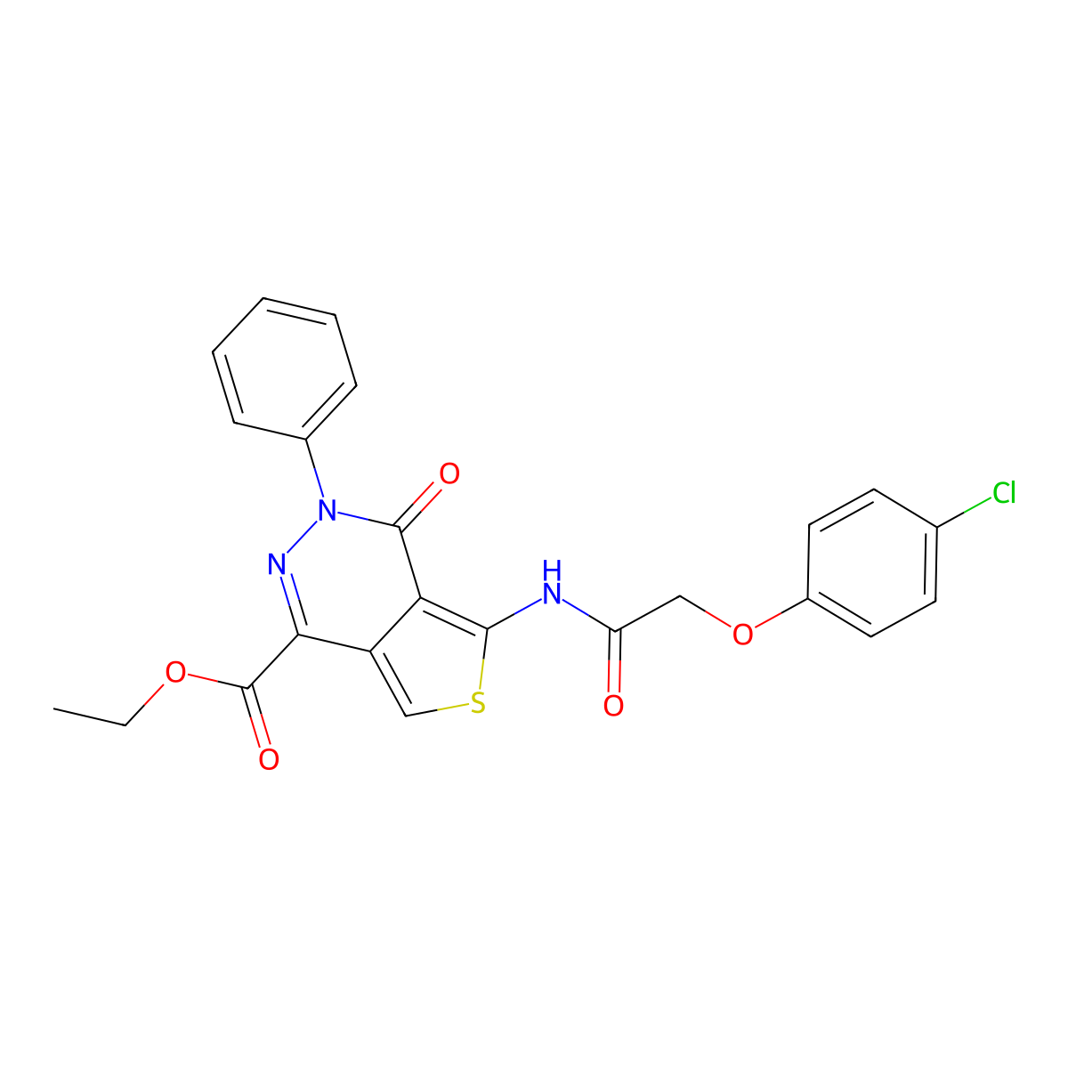 Ethyl 5-(2-(4-chlorophenoxy)acetamido)-4-oxo-3-phenyl-3,4-dihydrothieno[3,4-d]pyridazine-1-carboxylate molecular structure, CAS 851947-49-4