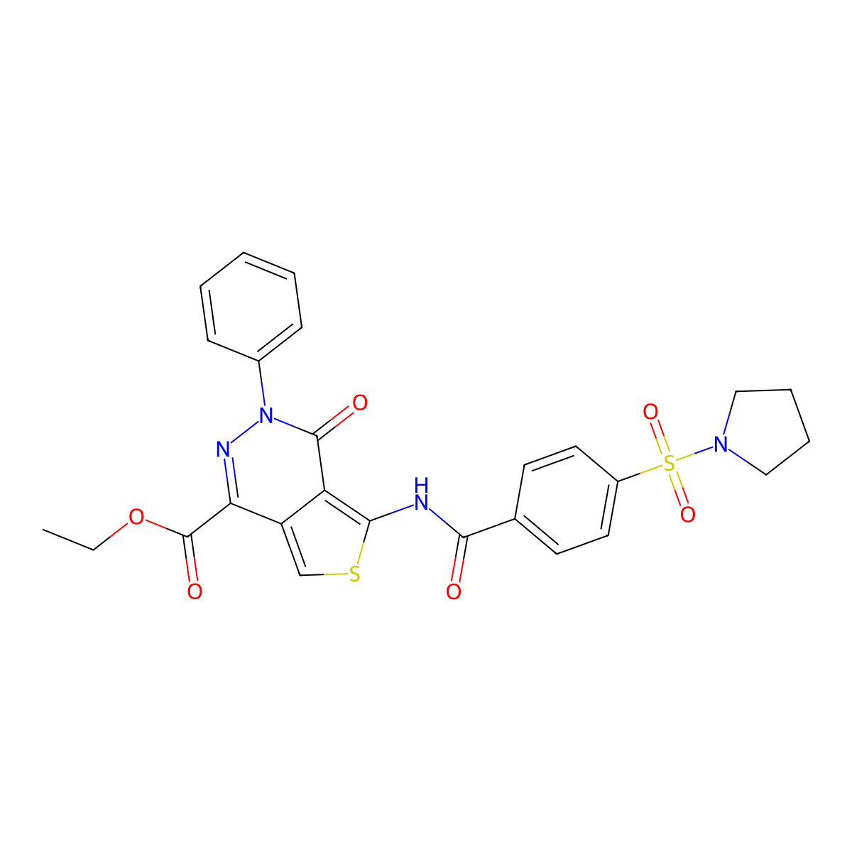Ethyl 4-oxo-3-phenyl-5-[(4-pyrrolidin-1-ylsulfonylbenzoyl)amino]thieno[3,4-d]pyridazine-1-carboxylate molecular structure, CAS 851947-70-1