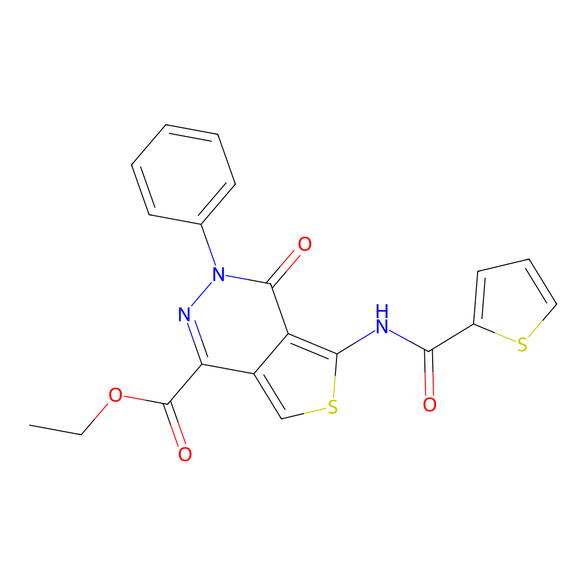 Ethyl 4-oxo-3-phenyl-5-(thiophene-2-carboxamido)-3,4-dihydrothieno[3,4-d]pyridazine-1-carboxylate molecular structure, CAS 851947-75-6