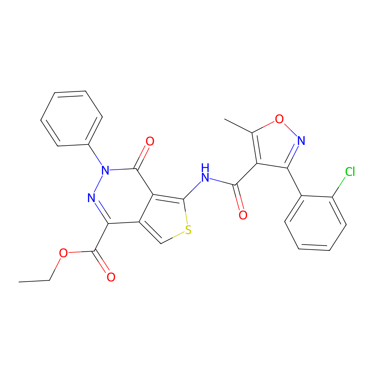 Ethyl 5-(3-(2-chlorophenyl)-5-methylisoxazole-4-carboxamido)-4-oxo-3-phenyl-3,4-dihydrothieno[3,4-d]pyridazine-1-carboxylate molecular structure, CAS 851947-77-8