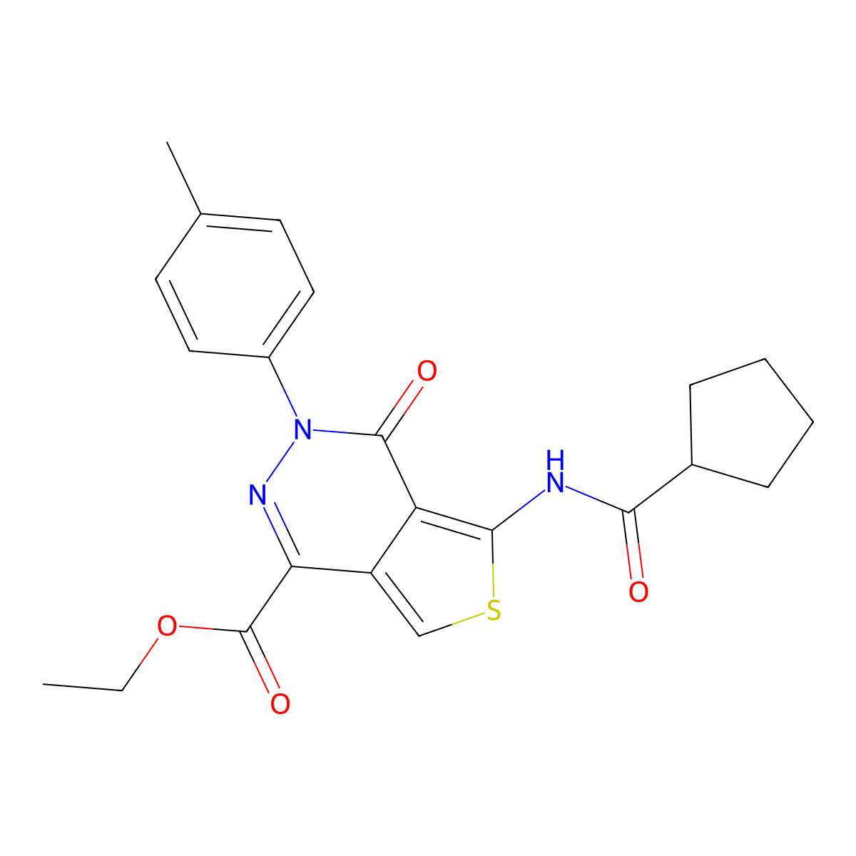 Ethyl 5-(cyclopentanecarboxamido)-4-oxo-3-(p-tolyl)-3,4-dihydrothieno[3,4-d]pyridazine-1-carboxylate molecular structure, CAS 851947-89-2