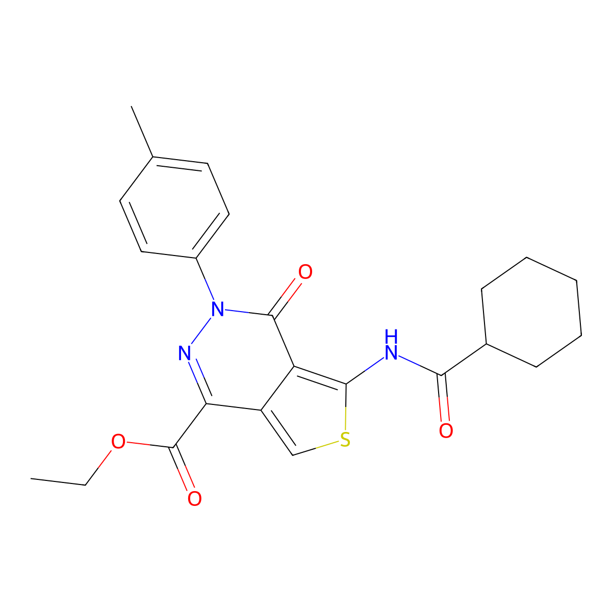 Ethyl 5-(cyclohexanecarboxamido)-4-oxo-3-(p-tolyl)-3,4-dihydrothieno[3,4-d]pyridazine-1-carboxylate molecular structure, CAS 851947-90-5