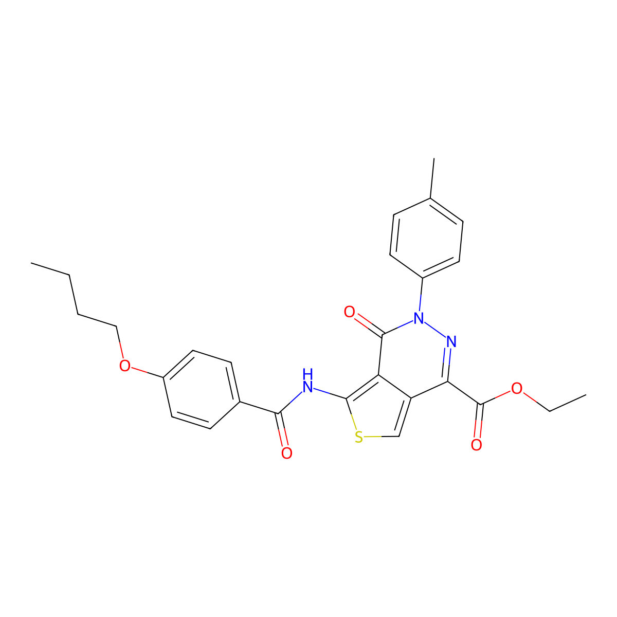 Ethyl 5-(4-butoxybenzamido)-4-oxo-3-(p-tolyl)-3,4-dihydrothieno[3,4-d]pyridazine-1-carboxylate molecular structure, CAS 851948-14-6