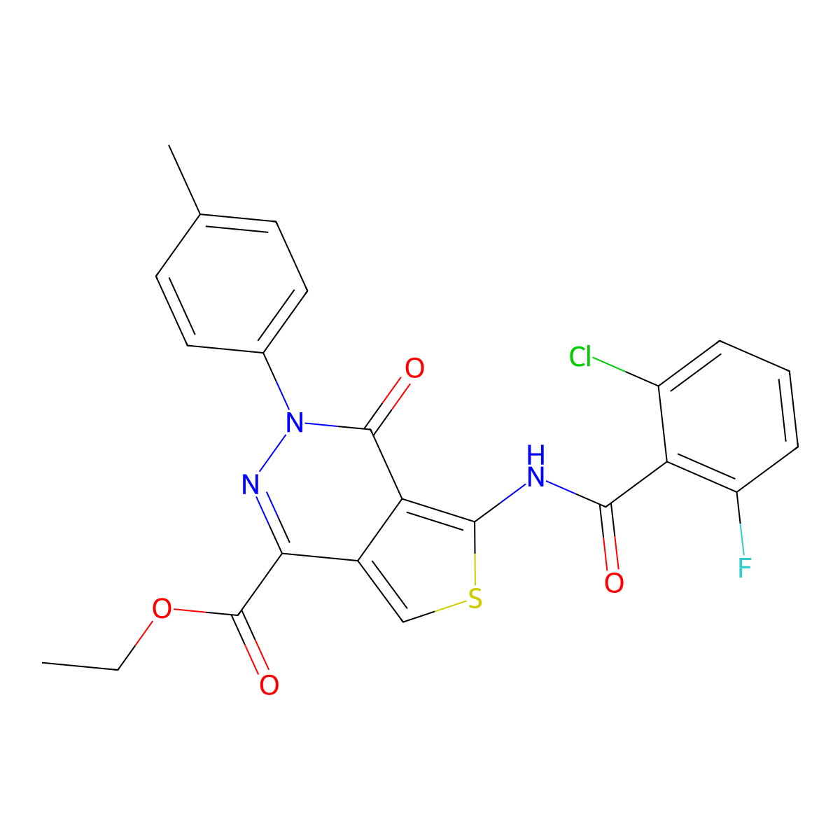 Ethyl 5-(2-chloro-6-fluorobenzamido)-4-oxo-3-(p-tolyl)-3,4-dihydrothieno[3,4-d]pyridazine-1-carboxylate molecular structure, CAS 851948-36-2