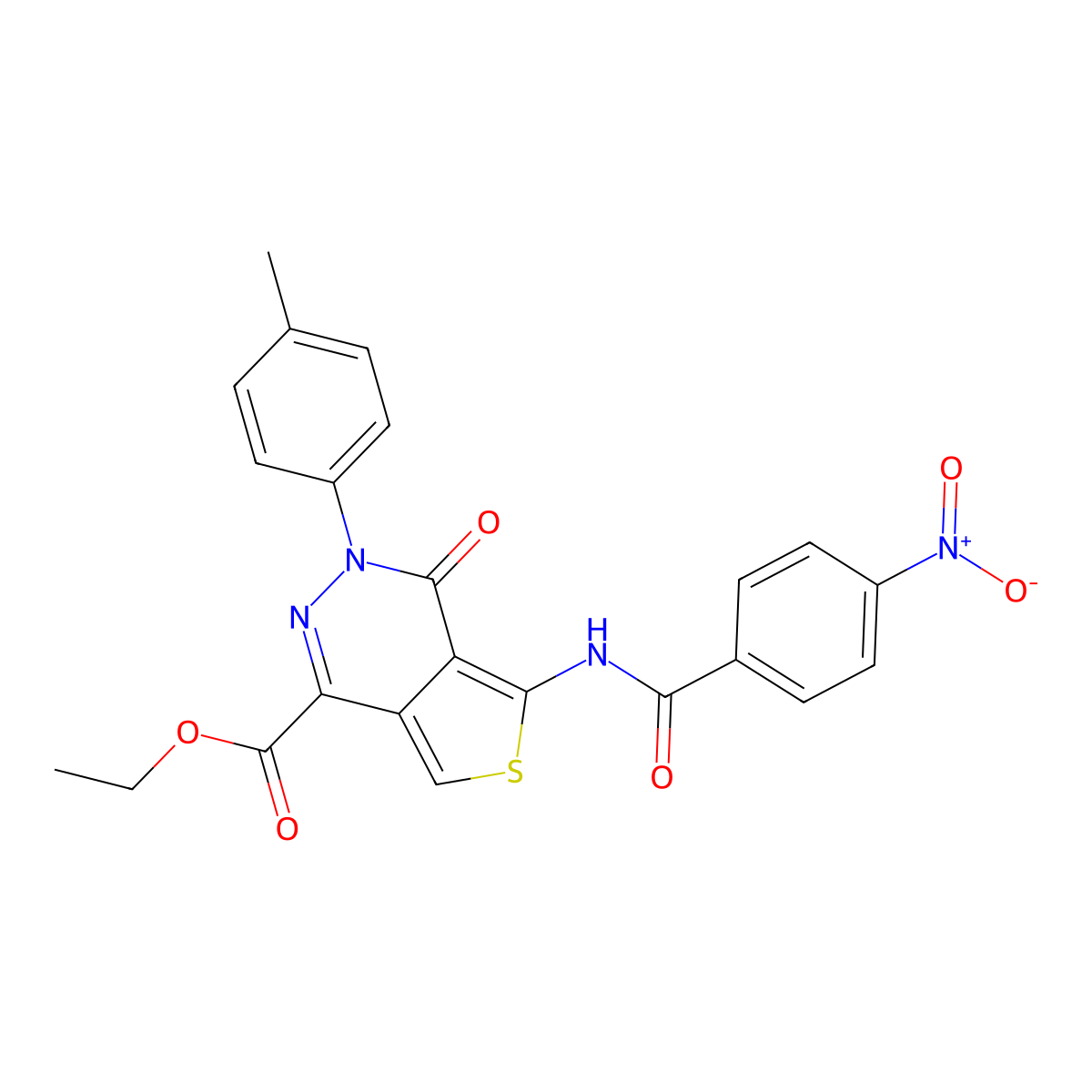Ethyl 5-(4-nitrobenzamido)-4-oxo-3-(p-tolyl)-3,4-dihydrothieno[3,4-d]pyridazine-1-carboxylate molecular structure, CAS 851948-40-8
