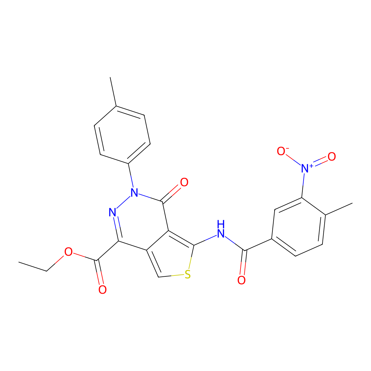 Ethyl 5-(4-methyl-3-nitrobenzamido)-4-oxo-3-(p-tolyl)-3,4-dihydrothieno[3,4-d]pyridazine-1-carboxylate molecular structure, CAS 851948-42-0