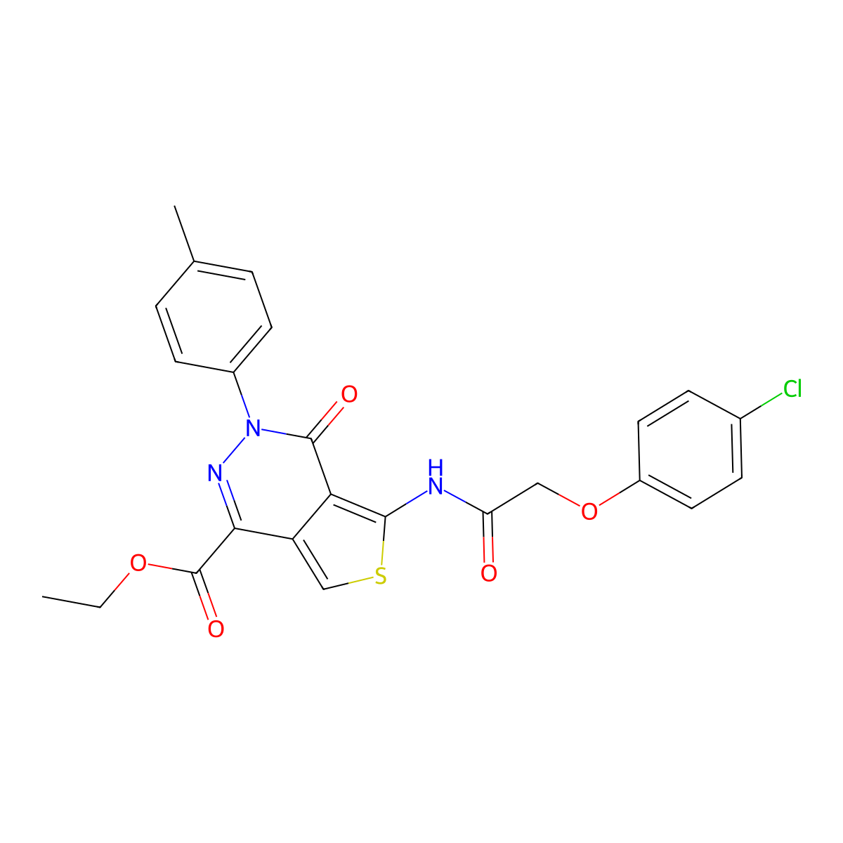 Ethyl 5-(2-(4-chlorophenoxy)acetamido)-4-oxo-3-(p-tolyl)-3,4-dihydrothieno[3,4-d]pyridazine-1-carboxylate molecular structure, CAS 851948-53-3