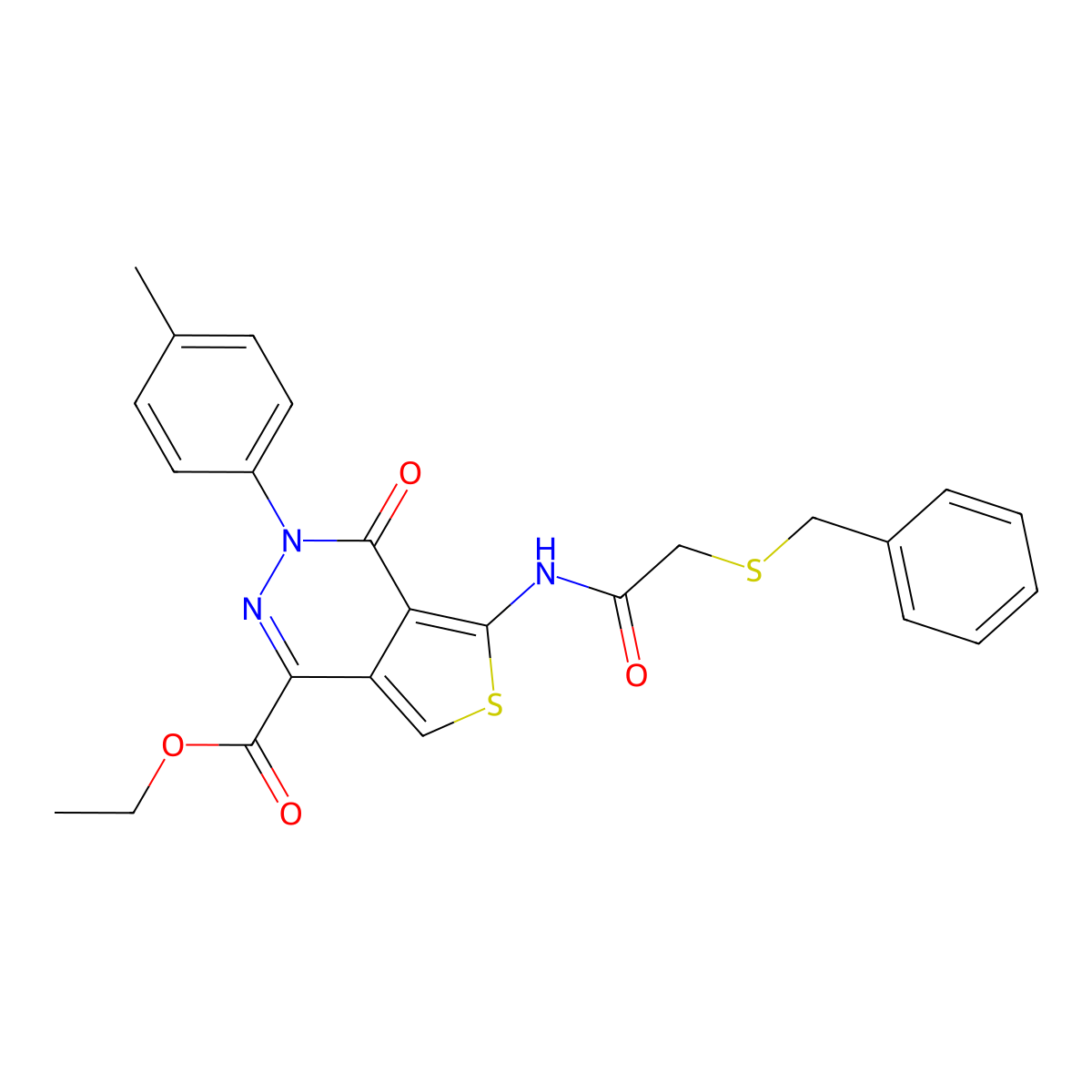 Ethyl 5-(2-(benzylthio)acetamido)-4-oxo-3-(p-tolyl)-3,4-dihydrothieno[3,4-d]pyridazine-1-carboxylate molecular structure, CAS 851948-55-5