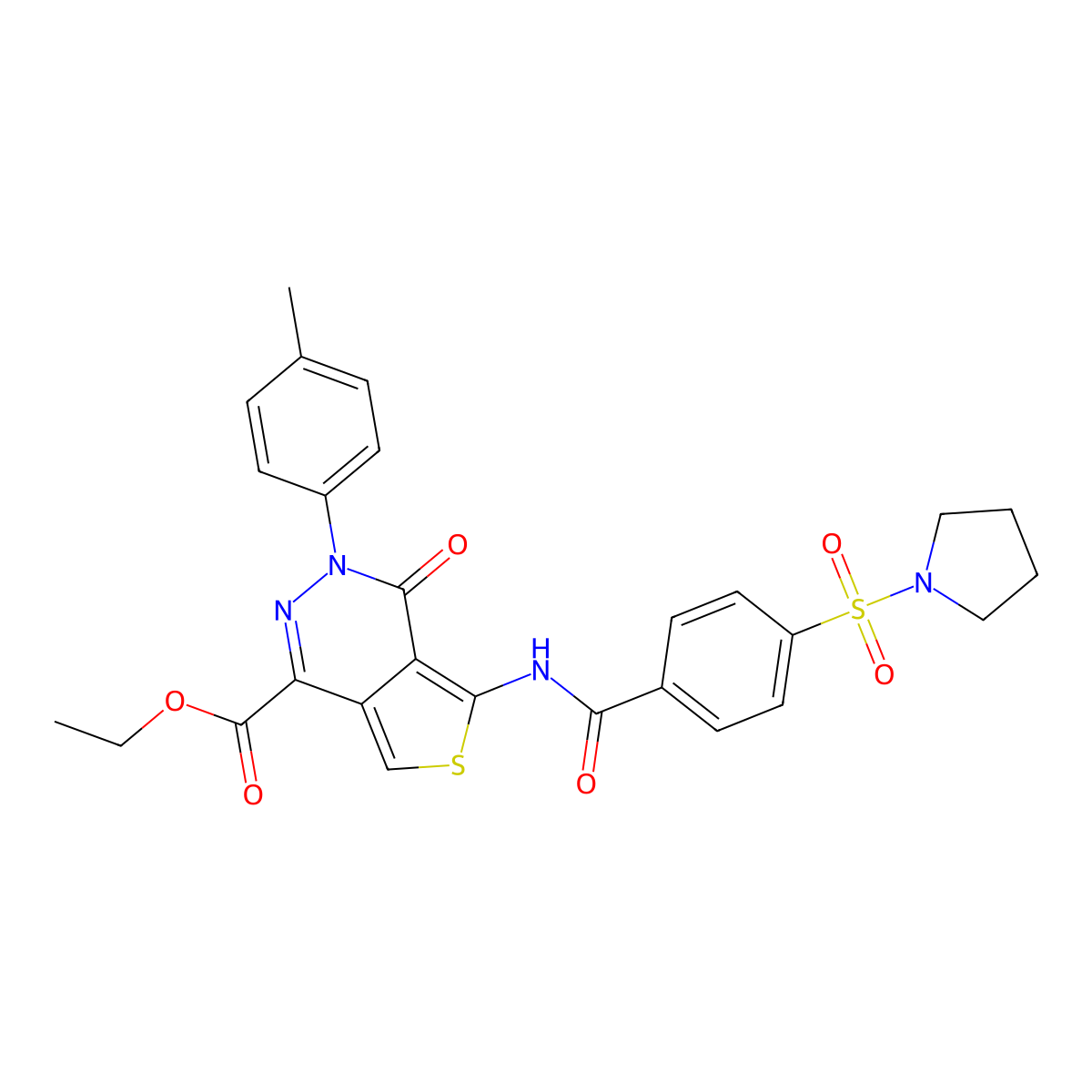 Ethyl 4-oxo-5-(4-(pyrrolidin-1-ylsulfonyl)benzamido)-3-(p-tolyl)-3,4-dihydrothieno[3,4-d]pyridazine-1-carboxylate molecular structure, CAS 851948-71-5