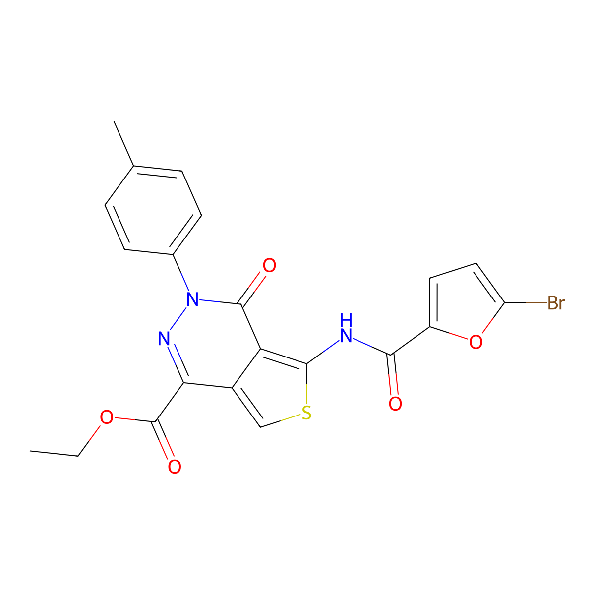 Ethyl 5-(5-bromofuran-2-carboxamido)-4-oxo-3-(p-tolyl)-3,4-dihydrothieno[3,4-d]pyridazine-1-carboxylate molecular structure, CAS 851948-75-9