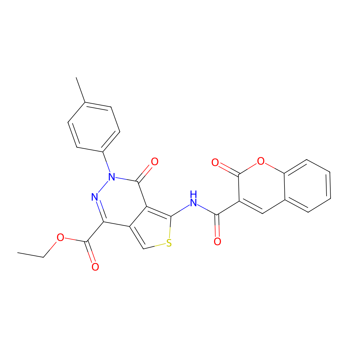 ethyl 4-oxo-5-(2-oxo-2H-chromene-3-carboxamido)-3-(p-tolyl)-3,4-dihydrothieno[3,4-d]pyridazine-1-carboxylate molecular structure, CAS 851948-77-1