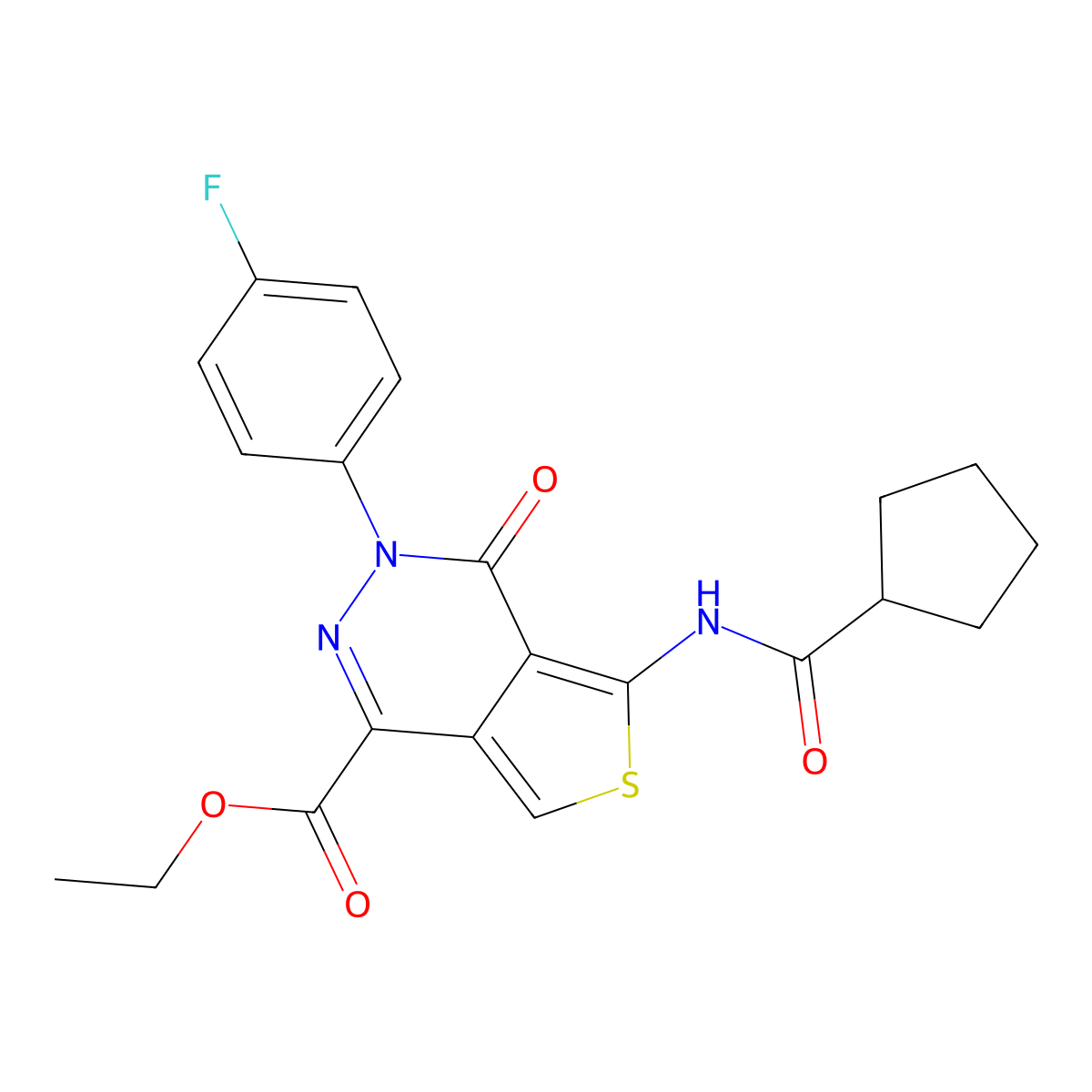 Ethyl 5-(cyclopentanecarboxamido)-3-(4-fluorophenyl)-4-oxo-3,4-dihydrothieno[3,4-d]pyridazine-1-carboxylate molecular structure, CAS 851948-91-9