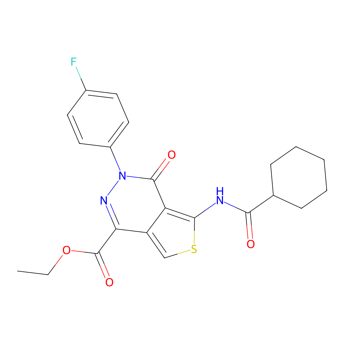 Ethyl 5-(cyclohexanecarbonylamino)-3-(4-fluorophenyl)-4-oxothieno[3,4-d]pyridazine-1-carboxylate molecular structure, CAS 851948-92-0