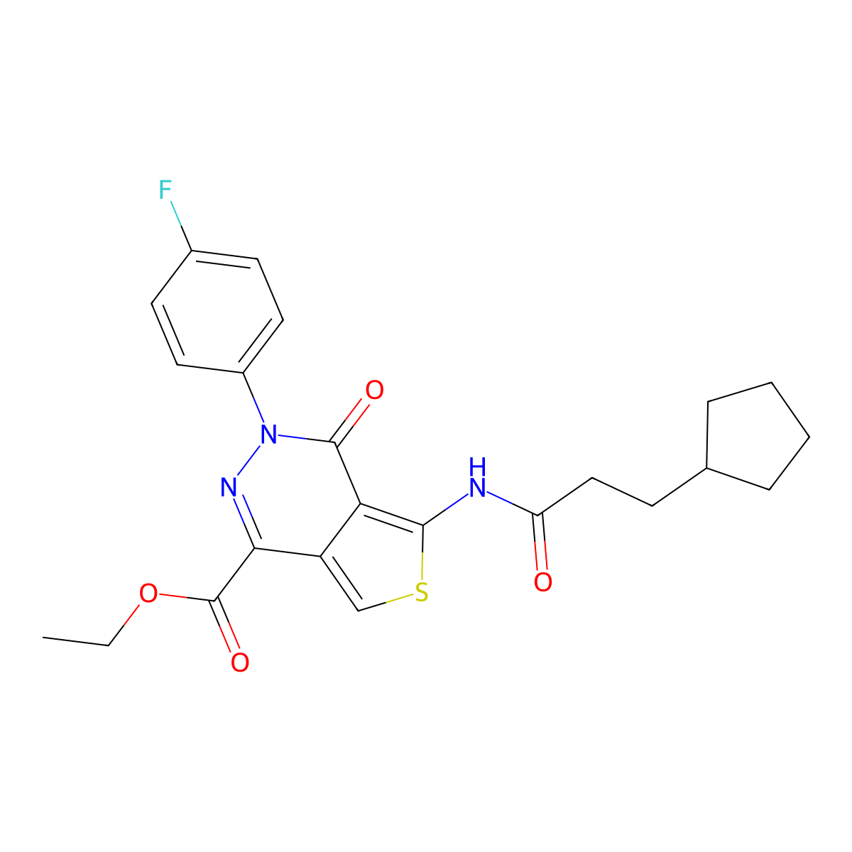 Ethyl 5-(3-cyclopentylpropanoylamino)-3-(4-fluorophenyl)-4-oxothieno[3,4-d]pyridazine-1-carboxylate molecular structure, CAS 851948-94-2