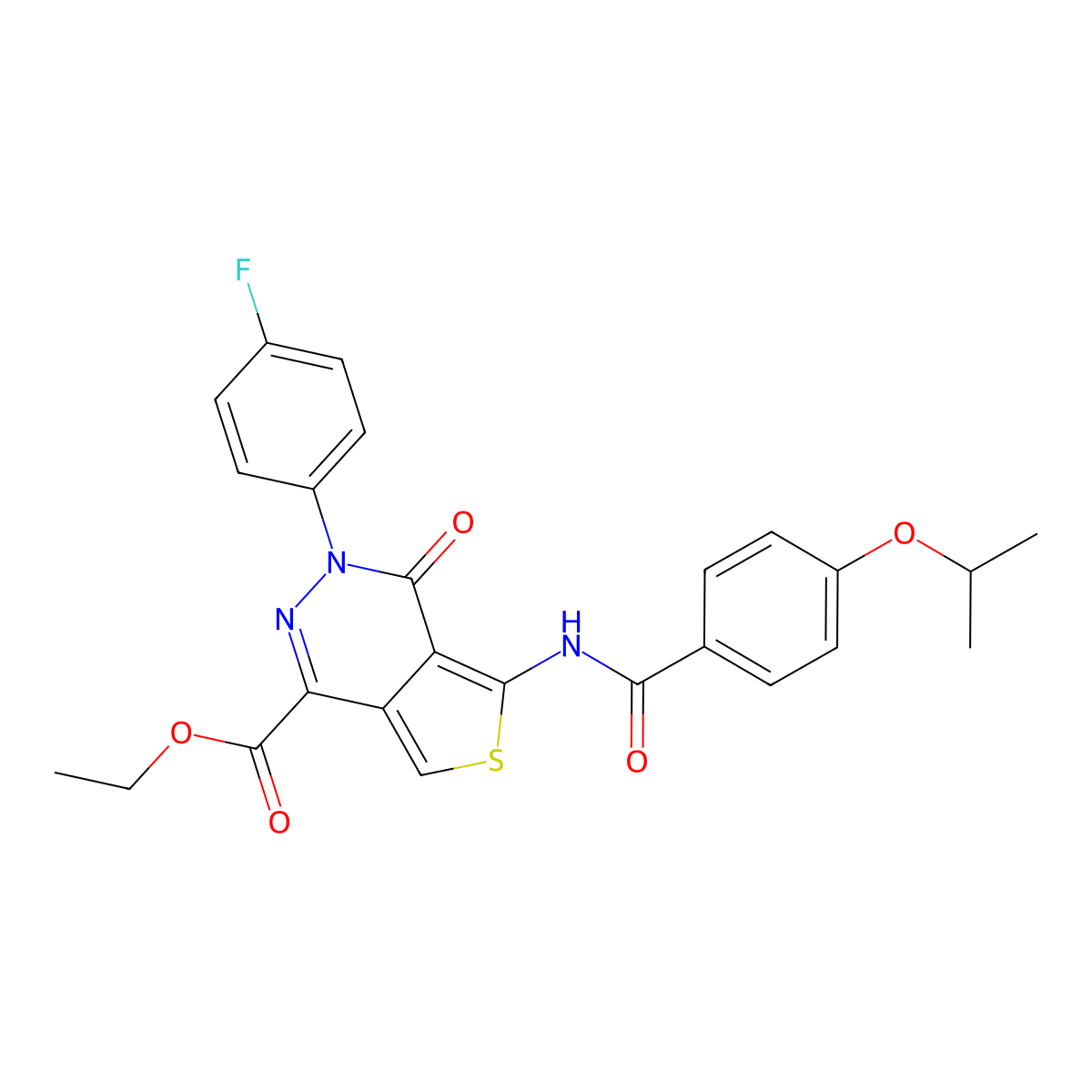 Ethyl 3-(4-fluorophenyl)-4-oxo-5-[(4-propan-2-yloxybenzoyl)amino]thieno[3,4-d]pyridazine-1-carboxylate molecular structure, CAS 851949-17-2