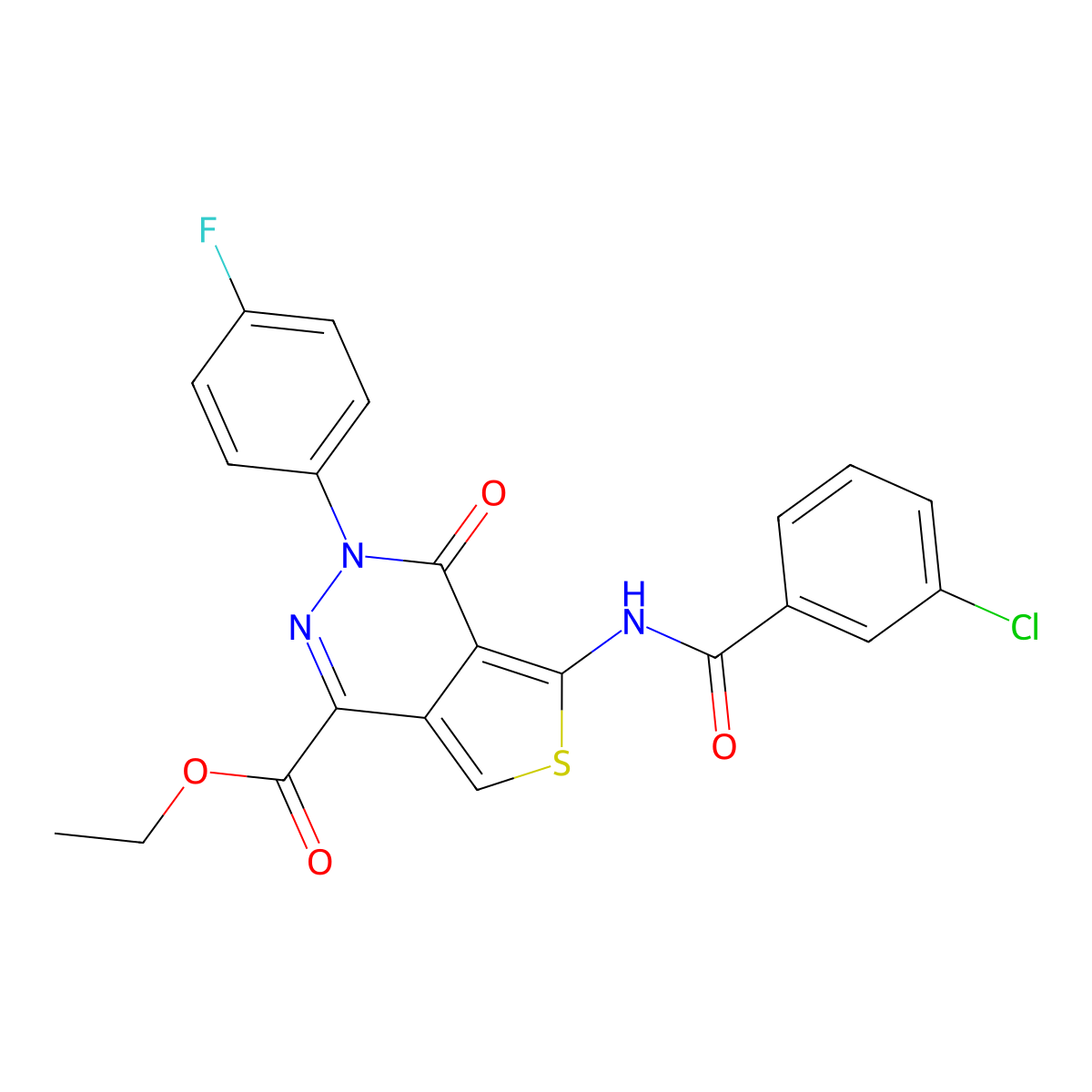 Ethyl 5-[(3-chlorobenzoyl)amino]-3-(4-fluorophenyl)-4-oxothieno[3,4-d]pyridazine-1-carboxylate molecular structure, CAS 851949-30-9