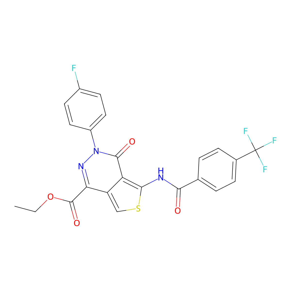 Ethyl 3-(4-fluorophenyl)-4-oxo-5-(4-(trifluoromethyl)benzamido)-3,4-dihydrothieno[3,4-d]pyridazine-1-carboxylate molecular structure, CAS 851949-57-0