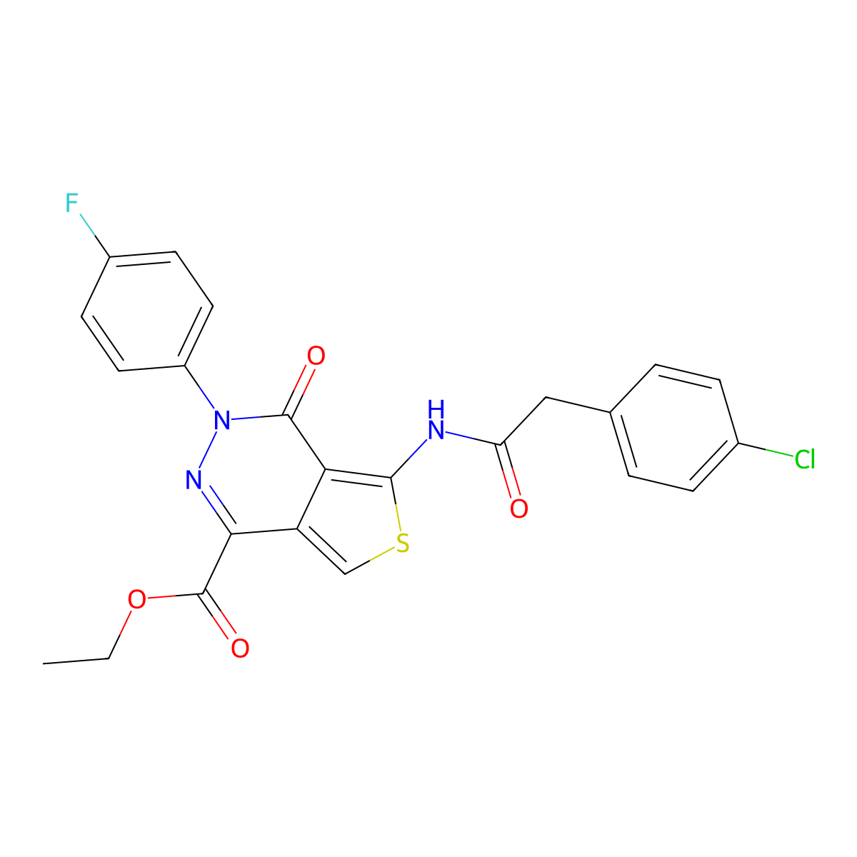 Ethyl 5-(2-(4-chlorophenyl)acetamido)-3-(4-fluorophenyl)-4-oxo-3,4-dihydrothieno[3,4-d]pyridazine-1-carboxylate molecular structure, CAS 851949-76-3