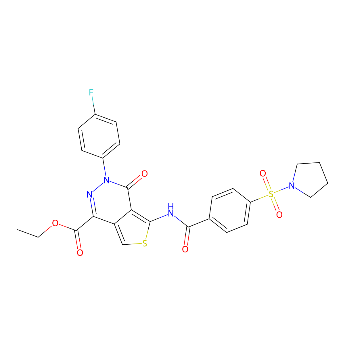 Ethyl 3-(4-fluorophenyl)-4-oxo-5-[(4-pyrrolidin-1-ylsulfonylbenzoyl)amino]thieno[3,4-d]pyridazine-1-carboxylate molecular structure, CAS 851949-87-6
