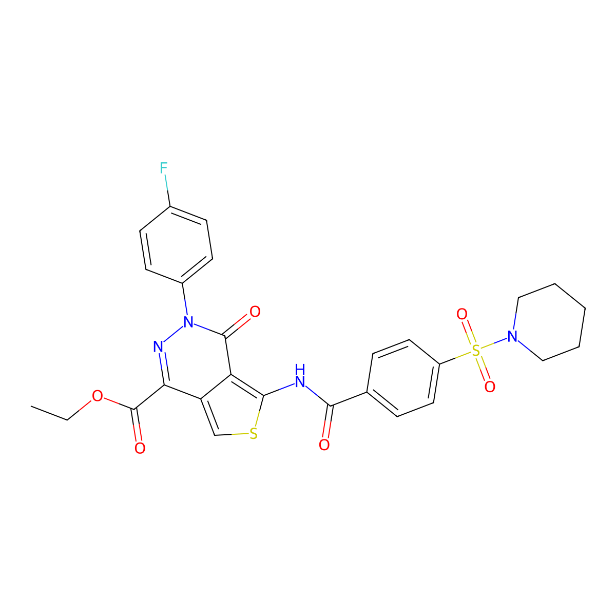 Ethyl 3-(4-fluorophenyl)-4-oxo-5-[(4-piperidin-1-ylsulfonylbenzoyl)amino]thieno[3,4-d]pyridazine-1-carboxylate molecular structure, CAS 851949-88-7